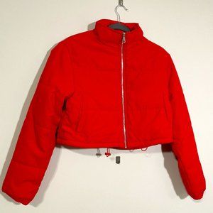 NWT PrettyLittleThing Red Supercropped Peach Skin Puffer Size 2